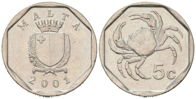 Мальта 5 центов 2001 краб KM 95 медно-никель aUNC 192-1237