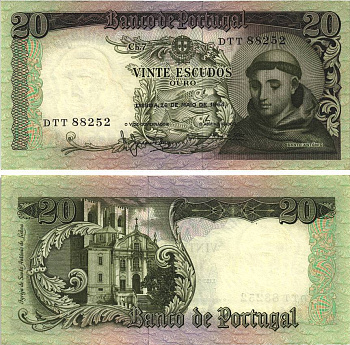 Португалия 20 эскудо 1964 Антоний Падуанский Pick 167 b (2)  бумага  aUNC 8606-16-1-2