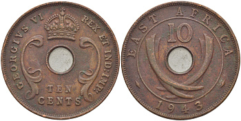 Британская Восточная Африка 10 центов 1943 Георг VI (1936-1952) KM 26.2 бронза 3333-1211