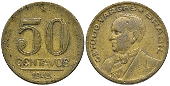 БРАЗИЛИЯ 50 СЕНТАВО 1945 ЖЕТУЛИО ВАРГАС KM 557а алюминиевая бронза 3336-842