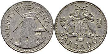 Барбадос 25 центов 1981 ветряная мельница Моргана Льюиса KM 13 медно-никель 4398-416