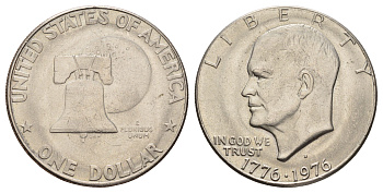 США 1 доллар 1976 D, Президент Эйзенхауэр, 200 лет независимости США, Тип 1 — Печатные буквы KM 206 медь плакированная медно-никелем 11-154-11