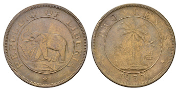 Либерия 2 цента 1937 год-тип KM 12 латунь 1519-1522