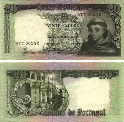 Португалия 20 эскудо 1964 Антоний Падуанский Pick 167 b (2)  бумага  aUNC 8606-16-1-2