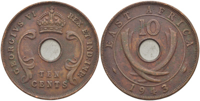 Британская Восточная Африка 10 центов 1943 Георг VI (1936-1952) KM 26.2 бронза 3333-1211