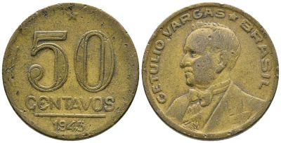 БРАЗИЛИЯ 50 СЕНТАВО 1945 ЖЕТУЛИО ВАРГАС KM 557а алюминиевая бронза 3336-842