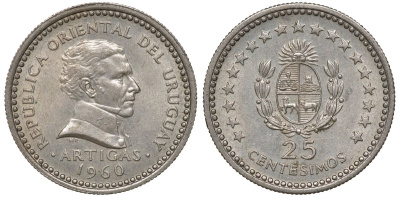 Уругвай 25 сентесимо 1960 KM 40 медно-никель 4169-859