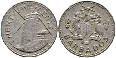 Барбадос 25 центов 1981 ветряная мельница Моргана Льюиса KM 13 медно-никель 4398-416