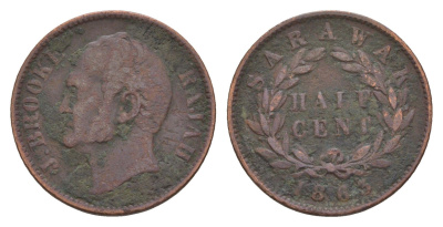 Саравак 1/2 цента 1863 год-тип KM 2 медь 1518-1745