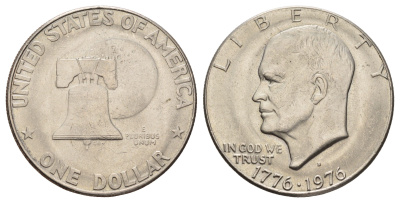 США 1 доллар 1976 D, Президент Эйзенхауэр, 200 лет независимости США, Тип 1 — Печатные буквы KM 206 медь плакированная медно-никелем 11-154-11