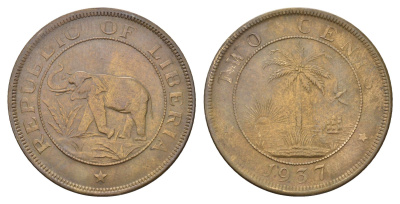 Либерия 2 цента 1937 год-тип KM 12 латунь 1519-1522