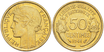ФРАНЦИЯ 50 САНТИМОВ 1941 ТИП MORLON KM 894.1, LE FRANC 192.18 алюминиевая бронза 44-529