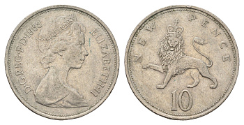 Великобритания 10 пенсов 1968 Елизавета II (1952-2022) KM 912, Spink 4231 (F1) медно-никель 4671-1211