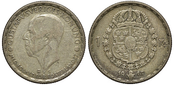 Швеция 1 крона 1943 G, Густав V (1907-1950) KM 814 серебро 4178-537