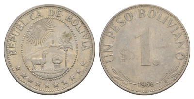 Боливия 1 песо 1968 KM 192 сталь плакированная никелем 4641-944