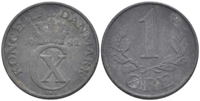 ДАНИЯ 1 ЭРЕ 1942 N; S, КРИСТИАН X (1912-1947) KM 832 цинк 4387-112