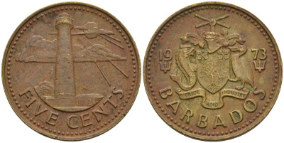 Барбадос 5 центов 1973 маяк Саут-Пойнт KM 11 латунь 4525-1244