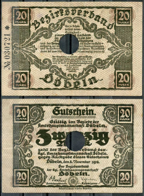 Германия, Дёбельн 20 марок 1918 нотгельд, 8.11.1918, цифры черные, крупные Geiger 105.02  бумага   444-127-2-2