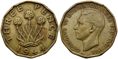 Великобритания 3 пенса 1944 Георг VI (1936-1952) KM 849, Spink 4112 никель латунь 4398-1155