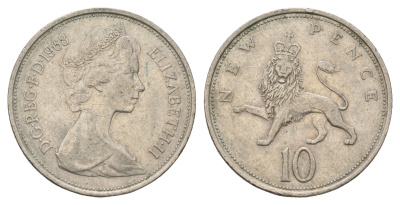 Великобритания 10 пенсов 1968 Елизавета II (1952-2022) KM 912, Spink 4231 (F1) медно-никель 4671-1211