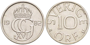 Швеция 10 эре 1982 U, Карл XVI Густав (1973- ) KM 850 медно-никель 4516-449