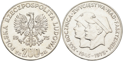 Польша 200 злотых 1975 MW, 30 лет победы над фашизмом KM 79, Parchimowicz 305а серебро UNC 1522-623