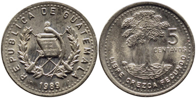 Гватемала 5 сентаво 1988 хлопковое дерево KM 276.4 медно-никель UNC 4387-851