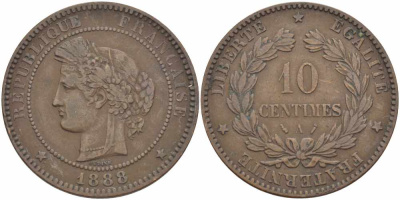 ФРАНЦИЯ 10 САНТИМОВ 1888 A, ТРЕТЬЯ РЕСПУБЛИКА (1871-1940) KM 815.1, LA FRANC 135.33 бронза 82-111
