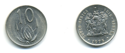 ЮАР 10 ЦЕНТОВ 1975 ГЕРБ, ЦВЕТОК АЛОЭ KM 85 никель UNC 86-1243