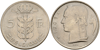 Бельгия 5 франков 1969 Belgique KM 134.1 медно-никель  UNC  4187-234