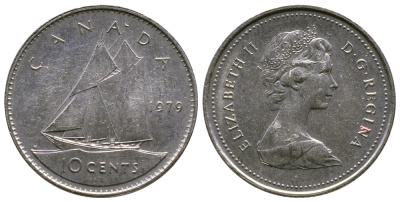 Канада 10 центов 1979 Елизавета II (1952-2022), парусник KM 77.2 никель 4175-747