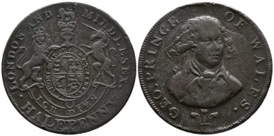 Великобритания 1/2 пенни ND (1794) Миддлсекс - Национальная серия - принц Уэльский Dalton & Hamer 952 медь 1518-331