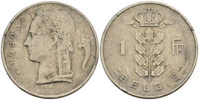 БЕЛЬГИЯ 1 ФРАНК 1950 BELGIE KM 143.1 медно-никель 4546-334