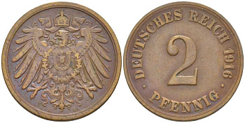 Германия 2 пфеннига 1916 A KM 16, J. 11, Weege 4 медь 206-667