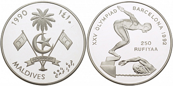 Мальдивские острова 250 руфий 1990 XXV Олимпийские игры в Барселоне 1992 года, плавание KM 85 серебро PROOF 04-315-22