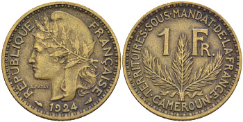 Французский Камерун 1 франк 1924 (а), монетный двор Париж KM 2 алюминиевая бронза 23-1121