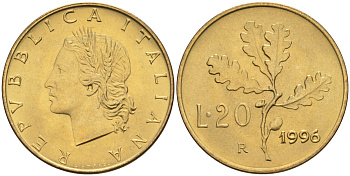 Италия 20 лир 1996 R, дубовый лист KM 97.2 алюминиевая бронза  UNC  4594-1038