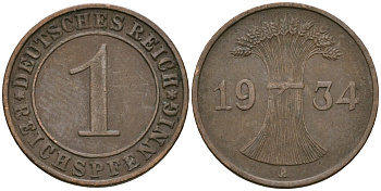Германия 1 рейхспфенниг 1934 A KM 37, J. 313 бронза 4189-1242