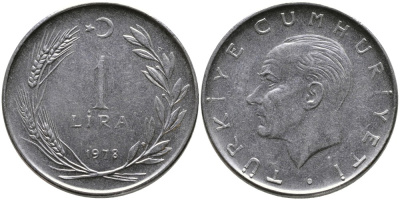 Турция 1 лира 1978 Мустафа Кемаль Ататюрк KM 889а.2 нержавеющая сталь 4541-533