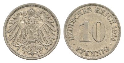 Германия 10 пфеннигов 1914 A, Вильгельм II (1888-1918) KM 12, J. 13 медно-никель 4644-1215