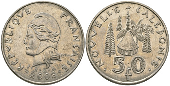 Французская Новая Каледония 50 франков 2008 хижина среди сосен и пальм, (IEOM) KM 13a, Schoen 15a, Lec 128i медно-никель 114-334