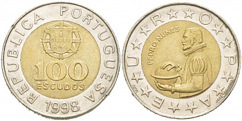 Португалия 100 эскудо 1998 Педру Нуниш (1502-1578), математик KM 645.1 биметалл 77-546