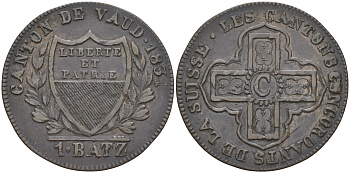 Швейцария, Вод 1 батцен = 10 раппенов 1831 кантон VAUD KM 20 биллон 1524-135