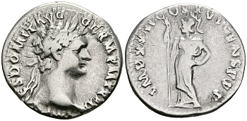 Римская Империя денарий 92 - 93 Домициан IMP XXII COS XVI CENS P PP Минерва Рим Very fine RIC 174 серебро 1073-3-11-4