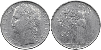 Италия 100 лир 1956 R, Афина в доспехах KM 96.1 нержавеющая сталь 4165-135