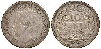 Нидерланды 10 центов 1938 Вильгельмина I (1890-1948) KM 163 серебро 4174-145