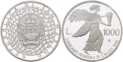 Сан-Марино 1000 лир 1990 R, Чемпионат мира по футболу в Италии 1990 года, богиня победы Ника несет кубок KM 247 серебро PROOF 1074-8-14