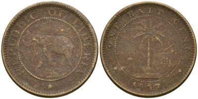 Либерия 1/2 цента 1937 KM 10 латунь 4174-416