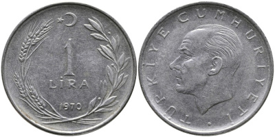 Турция 1 лира 1970 Мустафа Кемаль Ататюрк KM 889а.2 нержавеющая сталь 4384-726