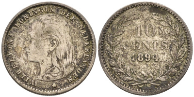 Нидерланды 10 центов 1894 Вильгельмина (1890-1948), редкая KM 116 серебро 4576-818